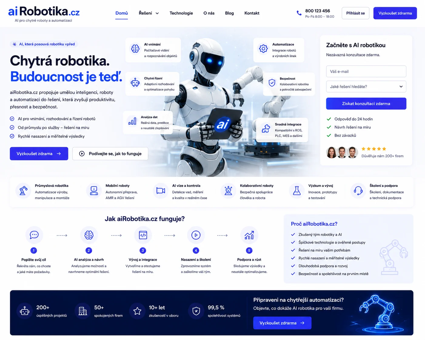 Vizuální návrh možného projektu aiRobotika.cz zaměřeného na robotiku, automatizaci a inteligentní stroje